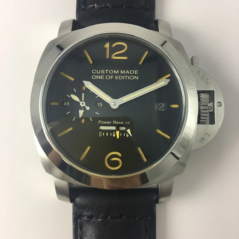 

Watch Men Automatic Mechanical 44 mm GMT Leather Strap Power Reserve Luminous Military Waterproof Watch