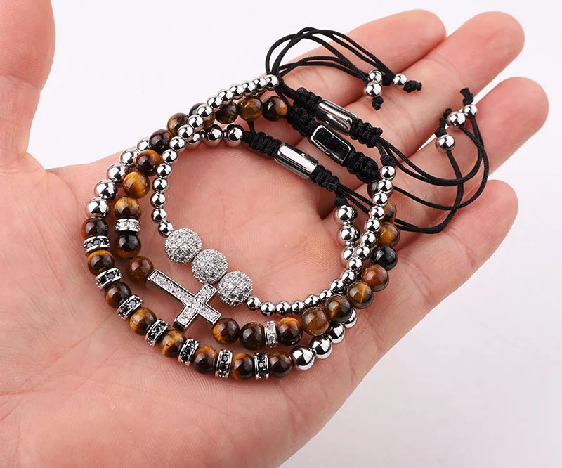 New Luxury CZ Pave Cross Charm Natural Stone Tiger Eye Beaded Macrame Friendship Adjustable Bracelet Set Men - Image 5