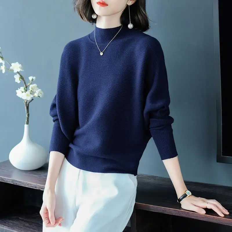 Fashionable Solid Color Knitted Sweater Female Long-sleeved Turtleneck Loose Bat Sleeve Bottoming Jumpers Women Spring | Женская одежда