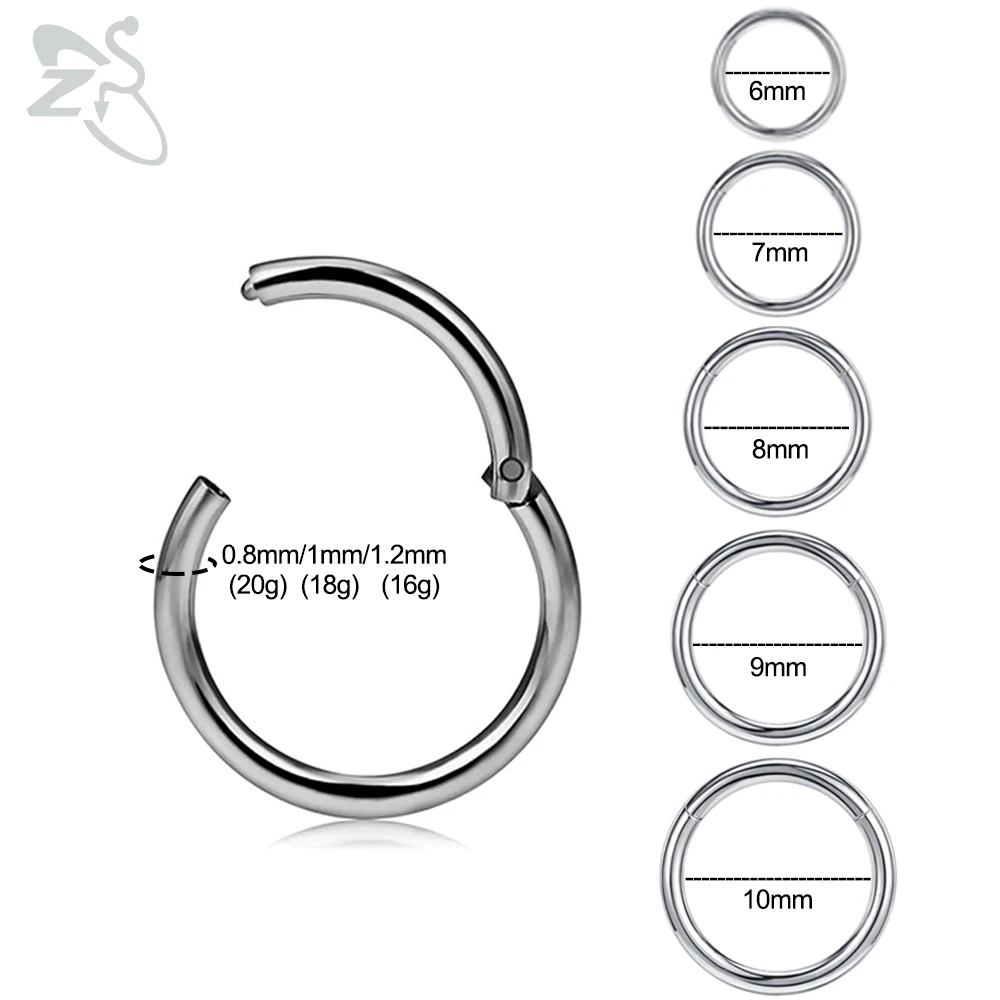 ZS 1 Piece 20/18/16g Hoop 316L Stainless Steel Nose Ring Round Clicker Ear Cartilage Tragus Helix Piercings Jewelry 6/7/8/9/10mm