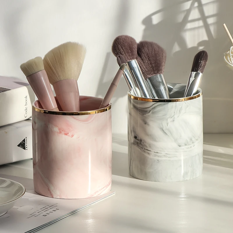 Makeup Brush Ceramic Storage Jar Pink Ceramic Storage Bottle Cosmetic Organizer Pen Holder Desktop Container