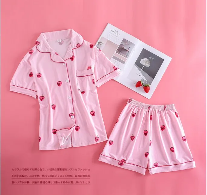 

New Style Summer WOMEN'S Pajamas Cardigan Qmilch Strawberry Short Sleeve Two-Piece Set Sweet Students Homewear Set