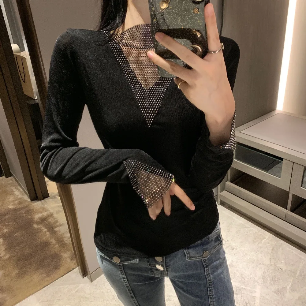 WHITNEY WANG футболка Весенняя модная уличная одежда прозрачная Бриллиантовая сетка Лоскутная бархатная футболка женская футболка Женские топы