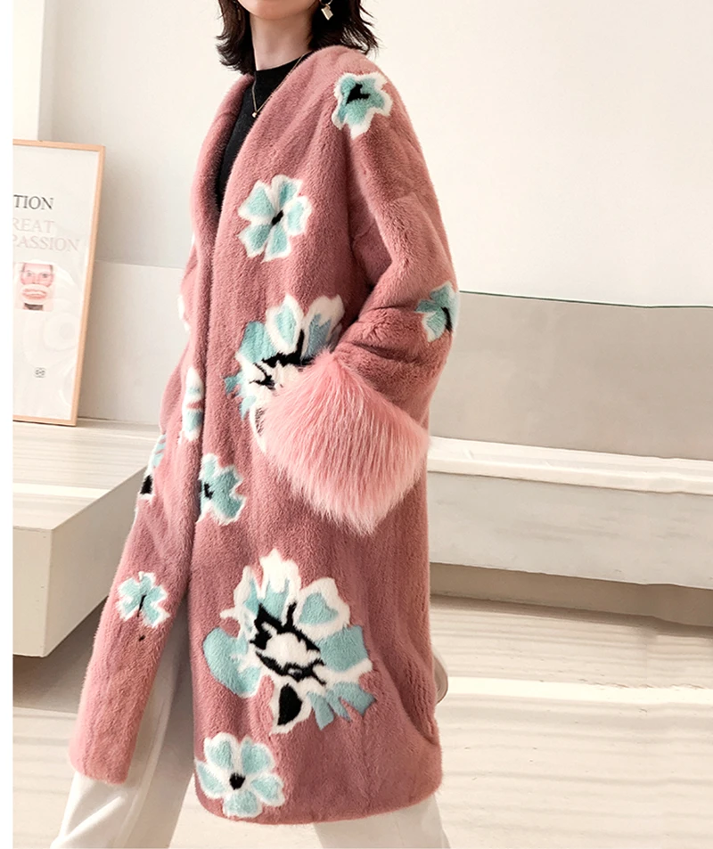 Ftangaiur зимняя импортная бархатная норковая шуба контрастный цвет принт с лисьим мехом рукав норковая шуба женские шубы из натурального меха норки