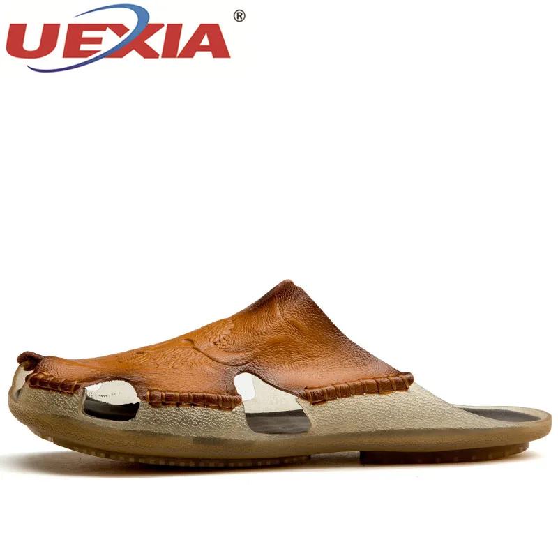 yellow UEXIA мужские кожаные летние Нескользящие шлепанцы; дышащие пляжные шлепанцы для улицы; мужские вьетнамки; Sandalias; большие размеры - Цвет: yellow