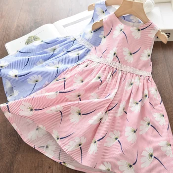 

Striped Girls Dresses Summer New Children's Clothing Girls Sweet Flowers Stitching Round Neck Sleeveless Vest Dress