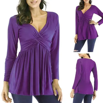 

Plus Size Womens Blouse Deep V Neck Long Sleeve Flare Blouse Loose T Shirt Tops