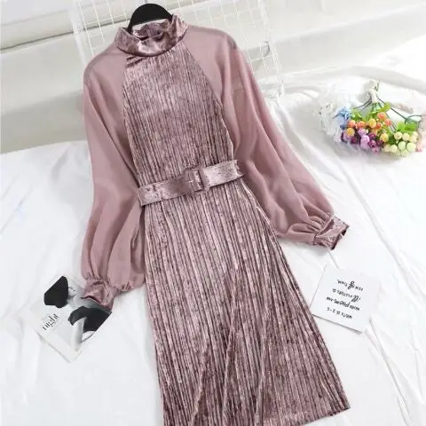 picture color Новинка, весеннее платье, Брендовое, модное, подиумное, дизайнерское, вельветовое платье, шифоновое, с рукавами-фонариками, золотое, бархатное платье - Цвет: picture color