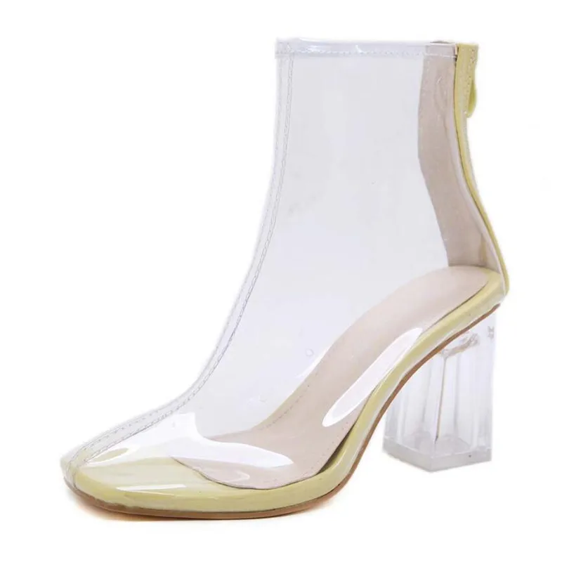 

2019 Autumn New Square Toe High Heel PVC Transparent Boots Women Zipper Sewing Chelsea Chunky Crystal Square Heel Boots