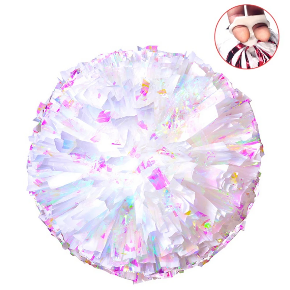 Description Picture 6 of item1 Pair Cheerleader Pom Poms Rainbow Flower Ball Metallic  Cheerleading Pompoms Cheer Pom Majorettes Bouquet Plastic Handles