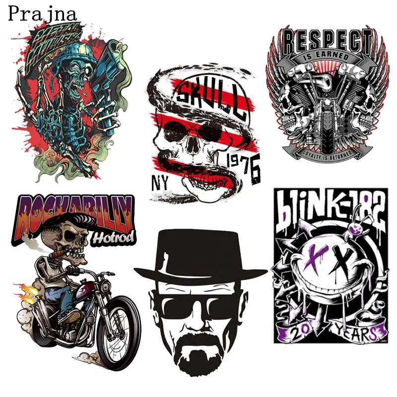 

Prajna Punk Skull Ironing Heat Transfers Vinyl Patches For Clothing Motorcycle Biker Patch Washable Stickers DIY Appliques Decor