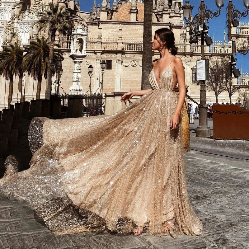 

Summer Women Sexy Deep V-Neck Solid color Starry sky Dress Backless Sling Dress Off Shoulder Long Wedding Party Pleated Vestidos
