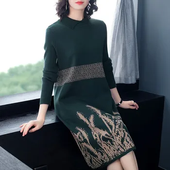 

2020 Retro Fall Winter Vintage Women Lapel Floral Printed Knitted Sweater Dress Woman Autumn Knitting Sweaters Dresses
