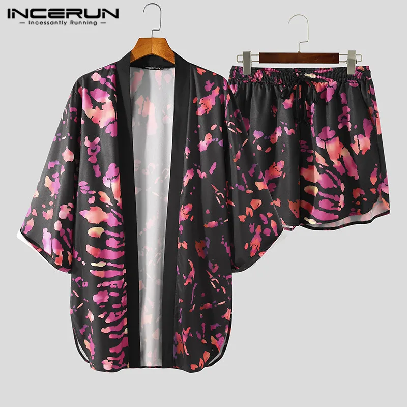 Casual Men Shirt Beach Shorts Streetwear INCERUN 2pieces Printing-Sets Hawaiian-Suits