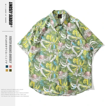 

Lindsey Seader Turn-down Collar Hawaii Style Men Shirts 2020 Summer Beach Palm Tree Holiday Full Printing Casual Green Shirt Men
