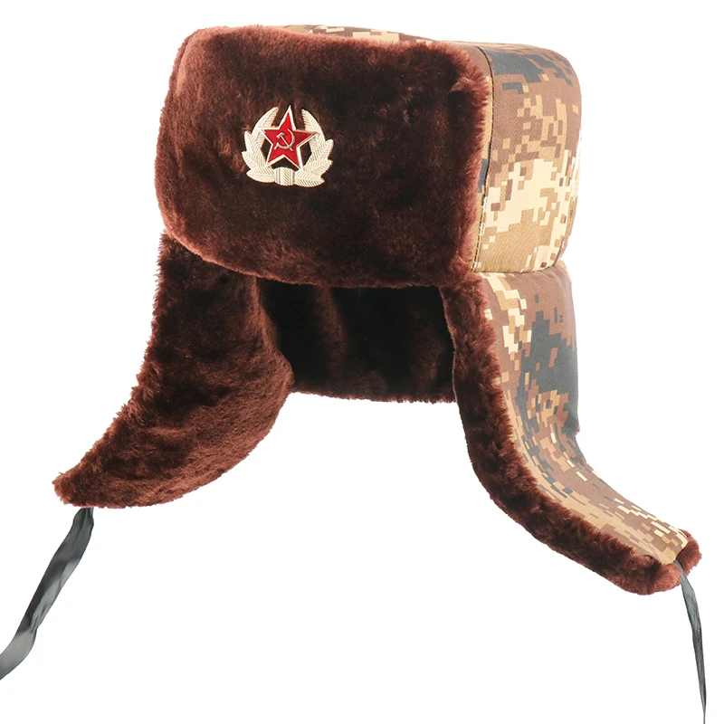 CAMOLAND, шапка-бомбер с советским значком для мужчин, армейская военная шапка-ушанка, русская ушанка, зимняя шапка с ушками, теплая шапка с искусственным мехом - Цвет: BN Soviet Badge