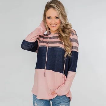 

2019 Autumn Winter Women Sweatshirt Fashion Drawstring Long Sleeve Striped Hit Color Hooded Hoodies Female Girls Loose Pullovers