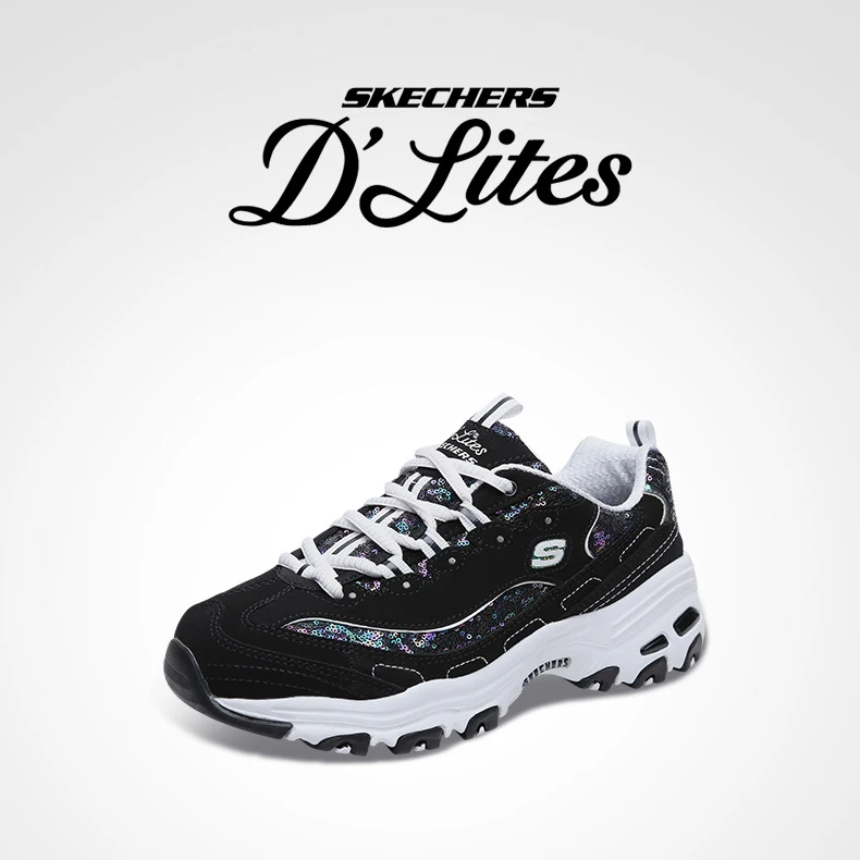 Skechers туфли в повседневном стиле; Для женщин D'lites, на платформе ботинки с массивным каблуком кроссовки удобные женские туфли на плоской подошве модные папа обувь Брендовая оригинальная 11916-BKW