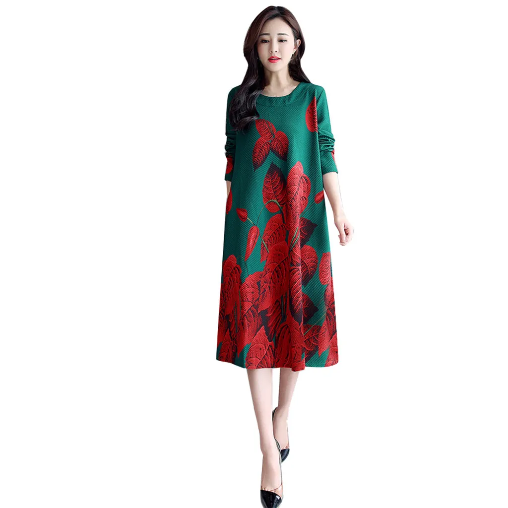 Women Dress Casual Long Sleeve O-Neck Printed Loose Dress Fashion Female Autumn Winter Party Dress Vestidos Plus Size M840