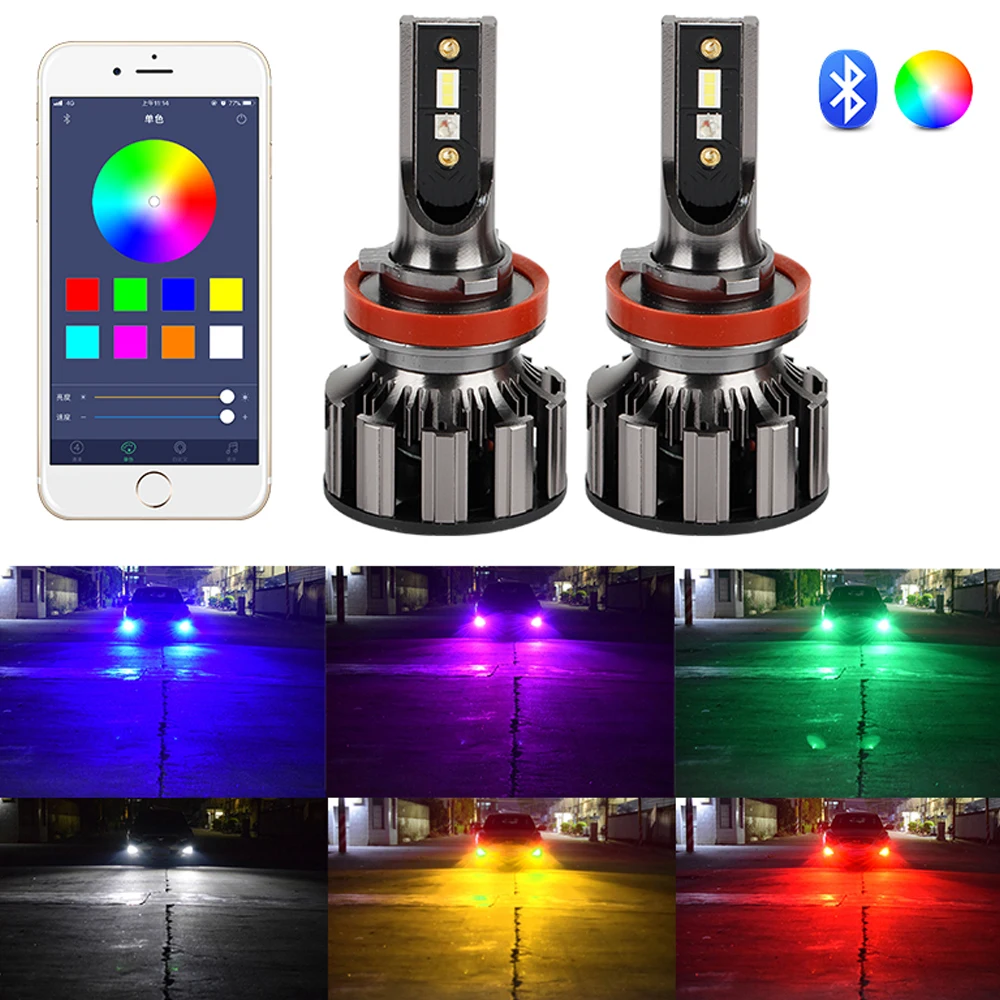 2 шт. приложение Bluetooth Управление RGB светодиодный головной светильник Сменные Цвет светильник H1 H3 H8 H9 H11 9005 9006 Автоматическая головная фара H4 светодиодный H7 лампы