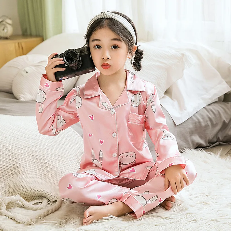 Spring Autumn Children Satin Pajamas Sets Girls Boys Silk Kimono Pijama Kids Cute Cartoon Long Sleeve Pyjama Sleepwear |
