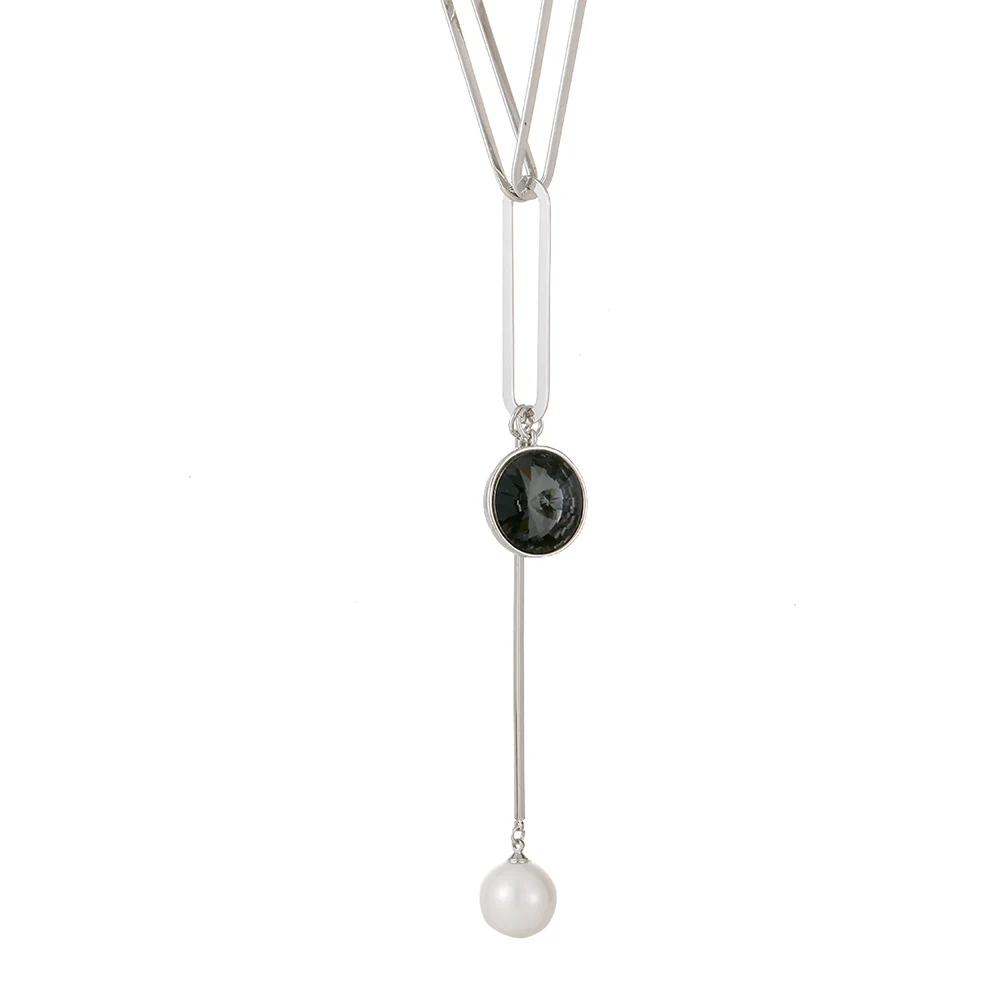 Gold Silver Long Link Chain Necklace Women Pearl Beads Crystal Pendant Necklace mujer Statement Jewelry Wedding Party Gifts - Окраска металла: Silver Color