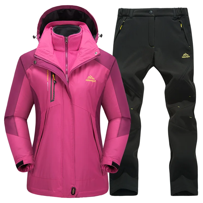 Men Women Winter Waterproof Outdoor Suit Softshell Jackets And Pants Hiking Fishing Climbing 3 In 1 Fleece Jackets Set Plus Size