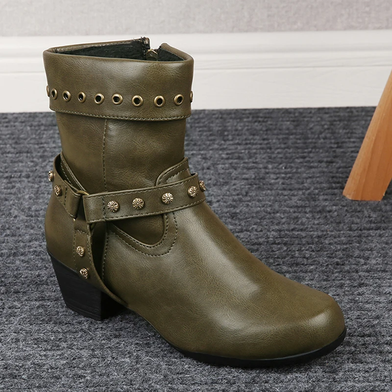 Женские ботильоны женская модная обувь с заклепками кожаная ремешком и пряжкой