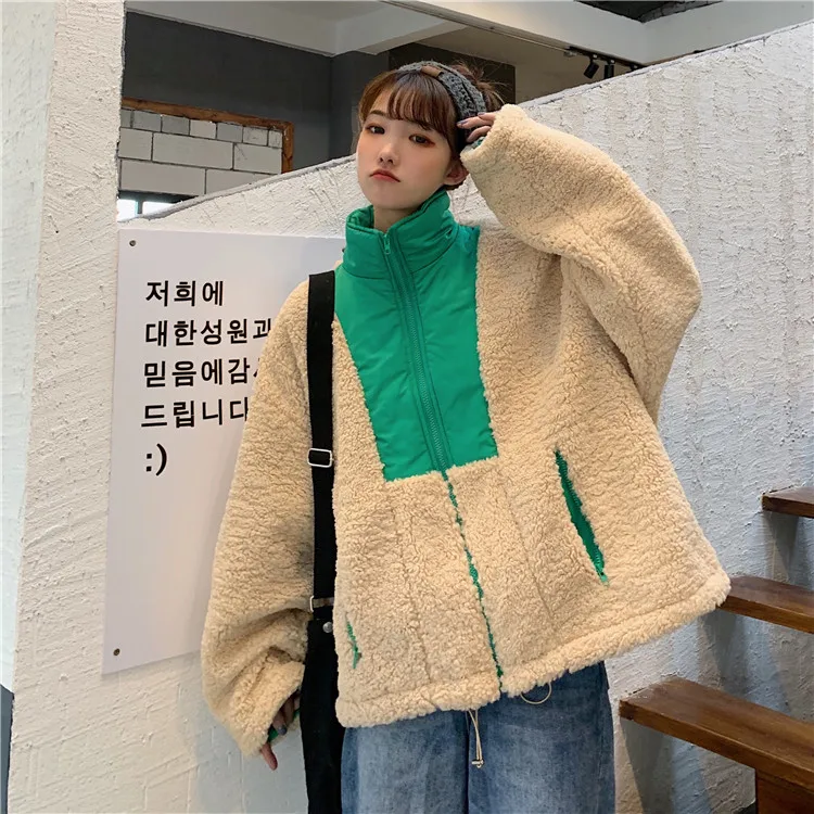 Большие размеры, Женская куртка с воротником на молнии из овечьей шерсти с толстым хлопковым подкладом, Студенческая спортивная куртка 8306