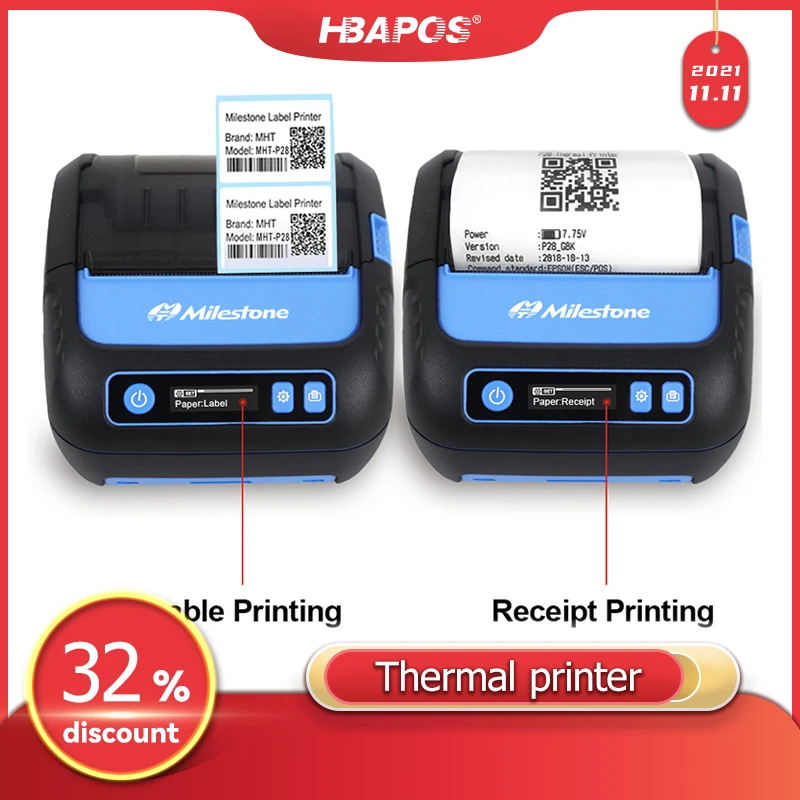 Thermal Printer 3 inch Receipt/Label 2 in 1 POS Printer 80mm Bluetooth Android/iOS/Windows for Small Business ESC/POS Printer