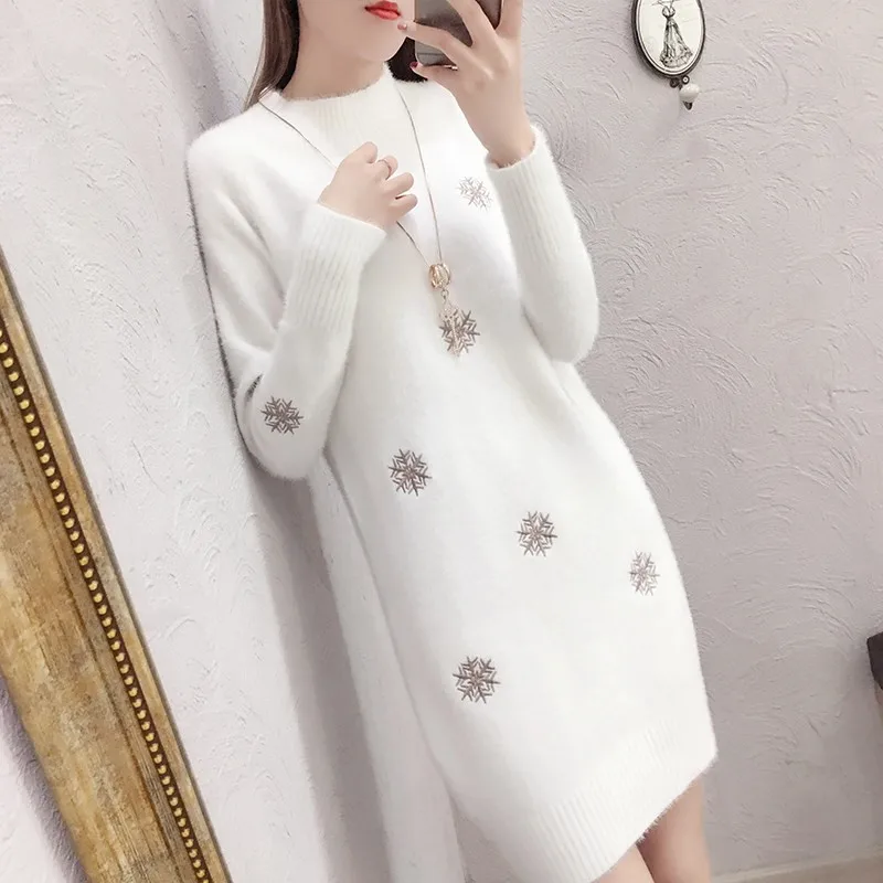 

Women Knit Sweater Pullover New Fashion Imitation Mink cashmere Mini White Dress Half Turtleneck Sweater Jumper Loose Large Size