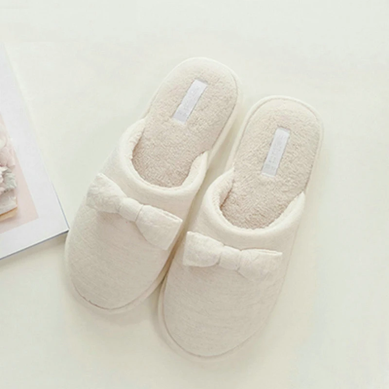 

Autumn new style Fresh simple bowknot adult slippers plain color indoor home cotton Anti-skid and silent household women shoes