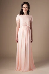 Blue Long Modest Bridesmaid Dresses With Short Sleeves Lace Top A-line Formal Boho Rustic Religious Wedding Party Dress