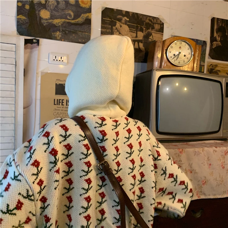 Женский свитер с цветочным узором, Свободный пуловер с капюшоном Kawaii, вязаный пуловер Harajuku с длинными рукавами, трикотажная толстовка с капюшоном, Осень-зима