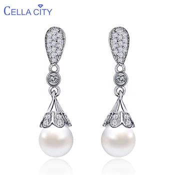 

Cellacity classic 925 Silver drop Earrings for Woman with 10mm round shape pearl Earrings silver jewelry wedding party Gift