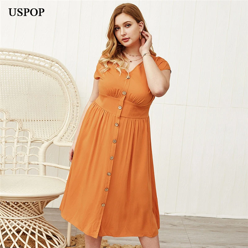 

USPOP 2020 plus size summer dress solide color button dress women short sleeve v neck A-line dress