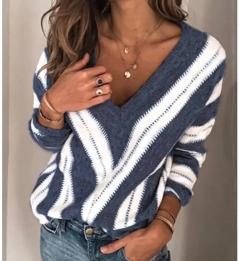  Women Spring Autumn Shirt Deep V Striped Blouse Knitwear Tops Casual Long Sleeve Shirt Jumper Pull 