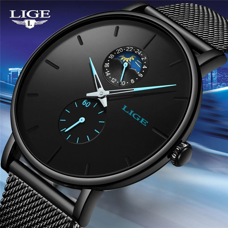 

LIGE Watch Quartz Casual Black Waterproof Stainless Steel Watch Ultra Thin Male Clock 24 Hours Watch 2019 Relogios Masculino+Box