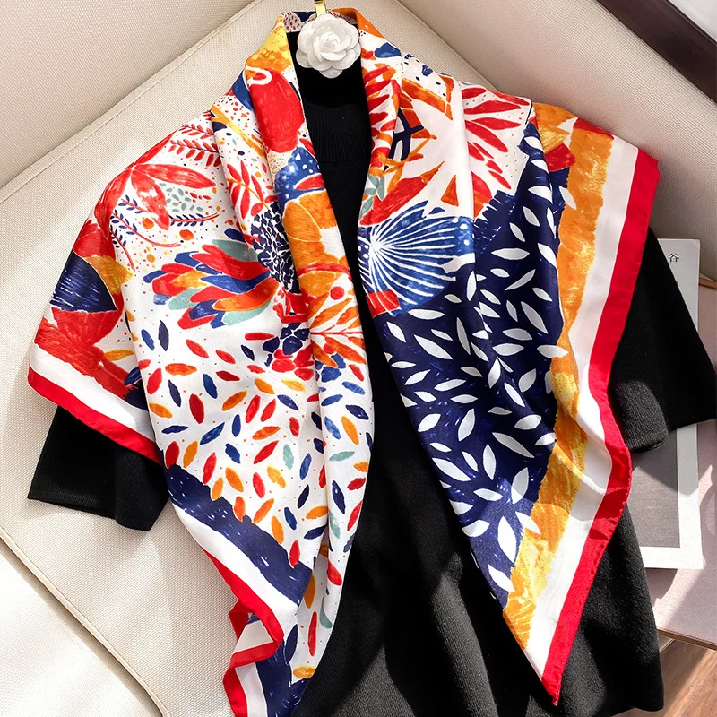  - 2023 Women Brand Designer Scarf Fashion Oil Painting Aztec Silk Scarves Square Small Handkerchief Neck Snood Bag Hijab 90*90Cm