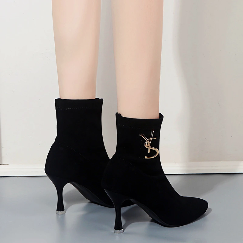 Nuevas botas De Mujer botas De ante al tobillo tacones altos Zapatos De otono botas negras De invierno Zapatos De Mujer puntiagu