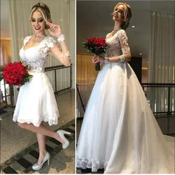 2022 Ball Gown 2 in 1 Wedding Dresses Detachable Train Lace Appliques Pearls Bridal Gowns Vestido De Novias robe de mariee