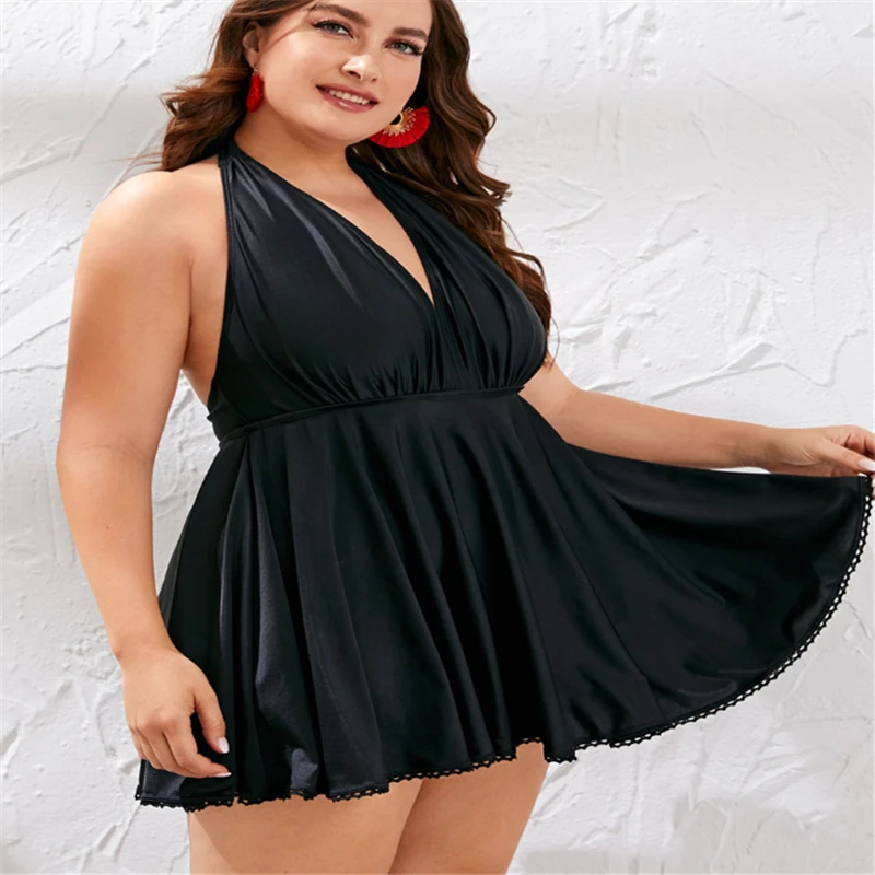 

Plus Size Beach Dress 2021 New Arrival Sexy Deep V-Neck Halter Backless Solid Color Voluminous Skirt Lady 's Swimwear K