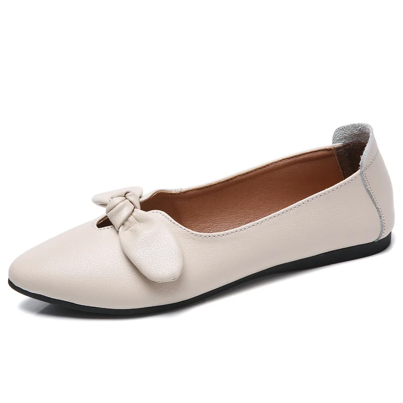 

2019 Summer Fashion New Genuine Leather Flats Bow Slip on Loafers Shoes for Women Mocasines Femme Mujer Black Nurse Shoes Woman