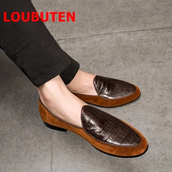 

LOUBUTEN Summer Genuine Leather Driving Shoes Men Suede Loafers Patchwork Moccasins Slip On Mens Dress Shoes Casual Flats