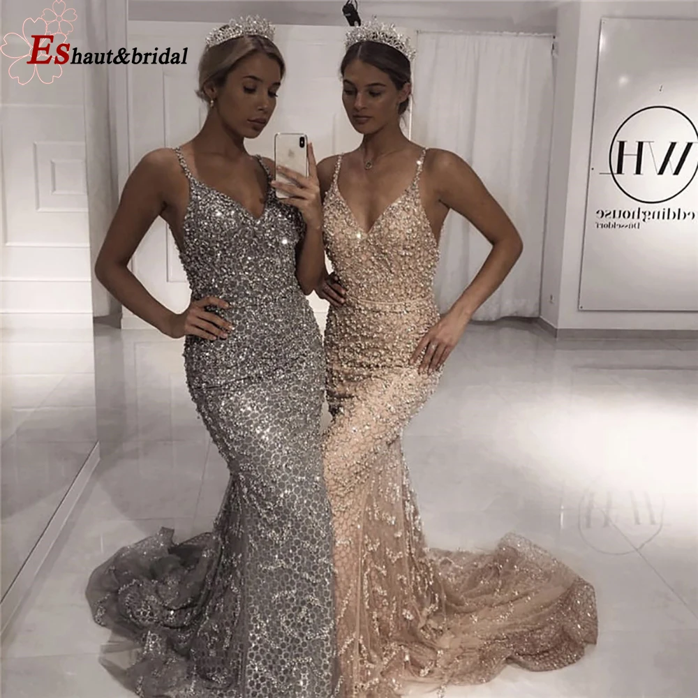 

Luxury Beads Evening Dress for Women 2019 Spaghetti Strap V Neck Long Sleeveless Mermaid Formal Party Gowns
