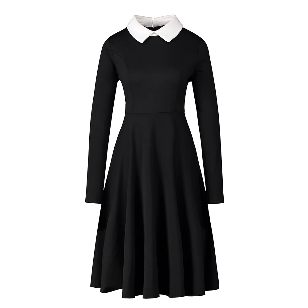 

Ladies Elegant Long Sleeve Lapel Dress School Uniform Design Ladies Slim Black Red Mini Work Summer Dress