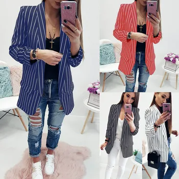 

2019 Fashion Women Blazers White Gray Long Sleeve Jackets Striped Coat Slim Office Lady Jacket Tops Blazer Feminino Sreetwear