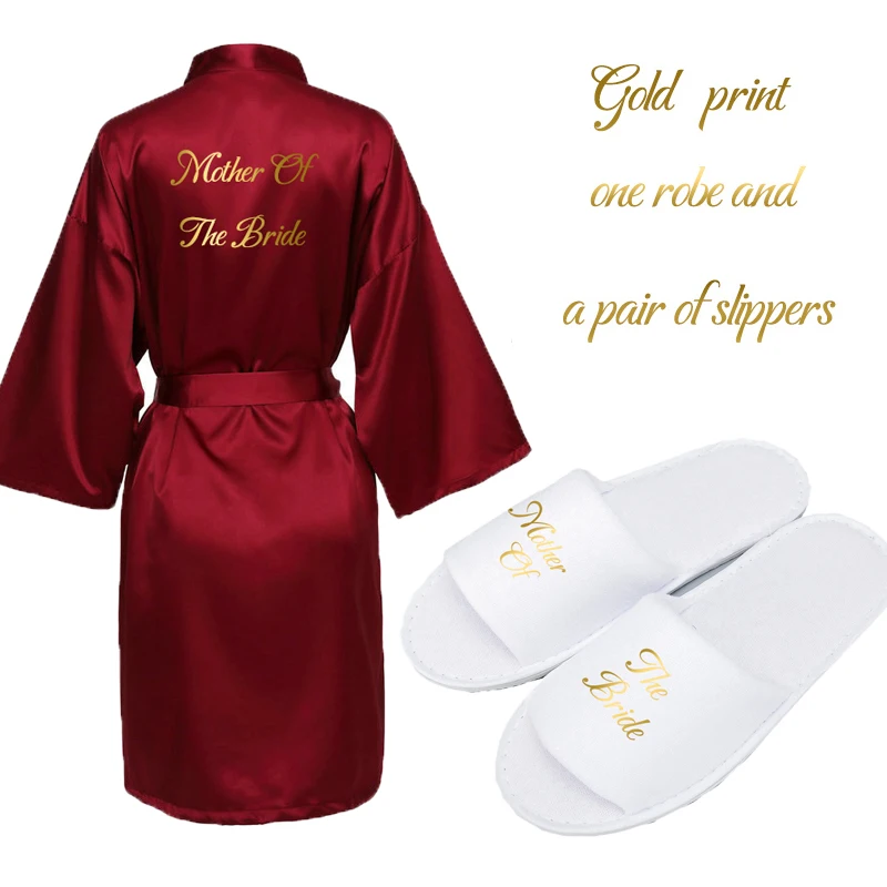YUXINBRIDAL/Новинка года; бордовый атласный шелковый халат для невесты; свадебный подарок для подружки невесты; халат для невесты; свадебные тапочки с золотым принтом - Цвет: B Mother B Slipper