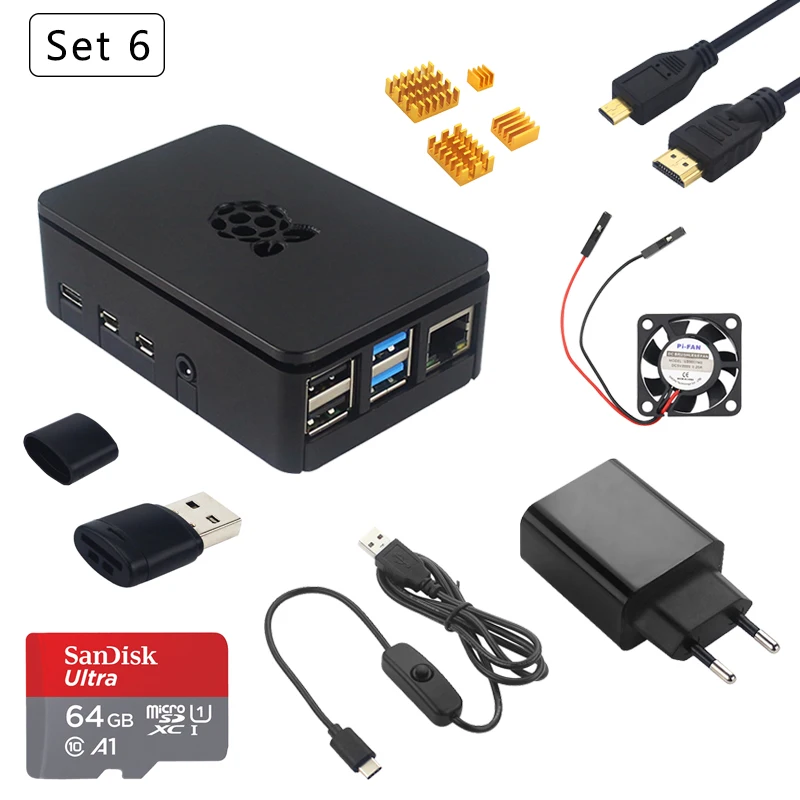 Set 6 Raspberry Pi 4 модель чехол пластиковый корпус ABS корпус коробка с охлаждающим вентилятором радиатор адаптер питания SD карта HDMI кабель для RPI 4 - Цвет: Set 6