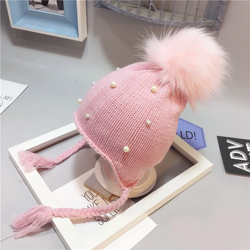 Pearl Beanies Baby Hat Pompom Winter Children Crochet Hat Toddler Boy Girl Warm Earflap Cap Solid Color Cotton Soft Beanie Cover Ears (4)